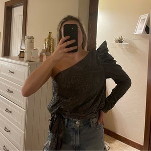 Dark Grey off the shoulder cheetah print blouse